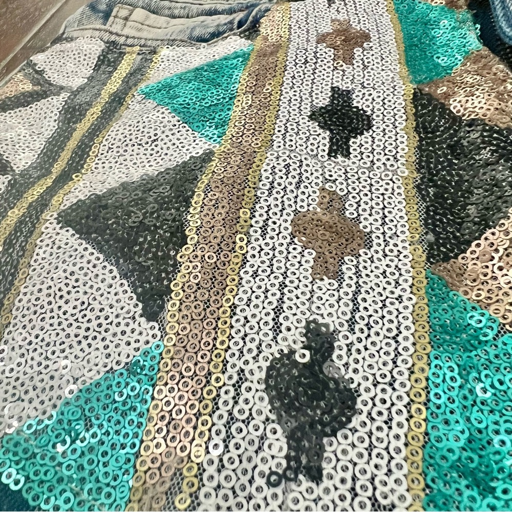 Sequin Patchwork Distressed Denim Shorts Aztec Bl… - image 4